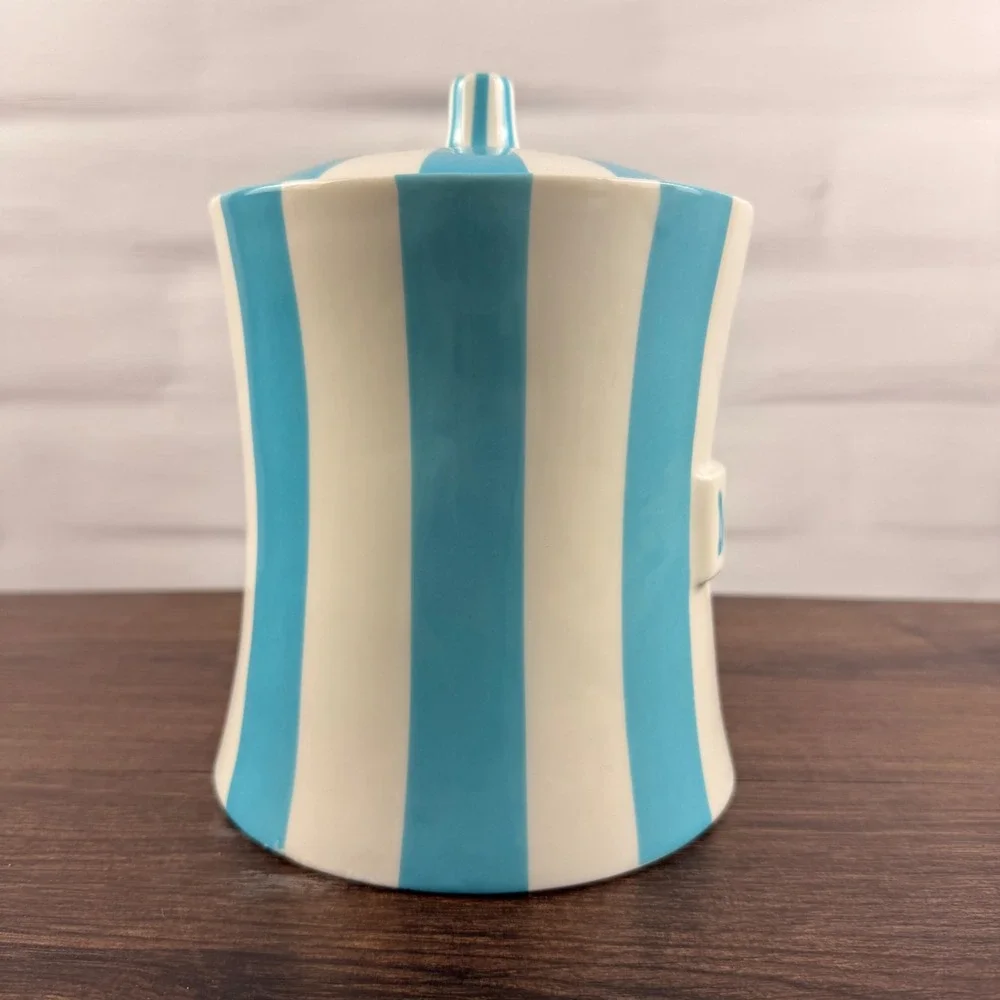 Jonathan Adler Vice MEOW Canister Blue White Striped Porcelain Lidded Jar